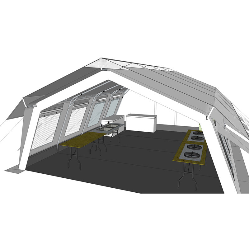 42 m² großes Mehrzweck-Hubzelt nach UNICEF-Standard mit integrierter/abnehmbarer Schattenabdeckung